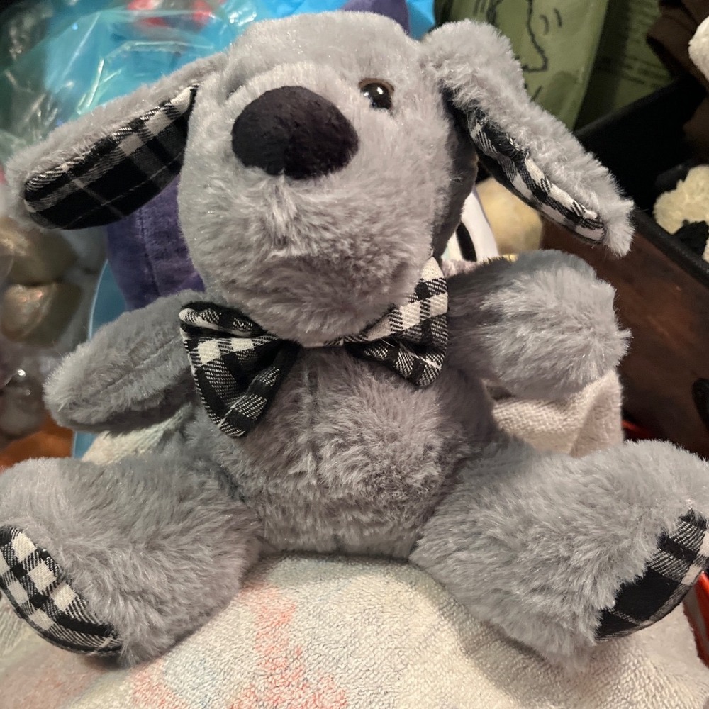 MTY International Grey Puppy Dog Plush Buffalo Plaid Bow Tie Gingham Ears 2023